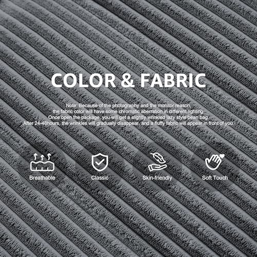 Image of Hobestluk Adults Bean Bag Chair Faux Fur BeanBag Couch for Living Room | Grey Corduroy,Ergonomic Design,Memory Foam,UltraSoft,Anti-slip Bottom,No Assembly Required,Decorative Style for Living Room