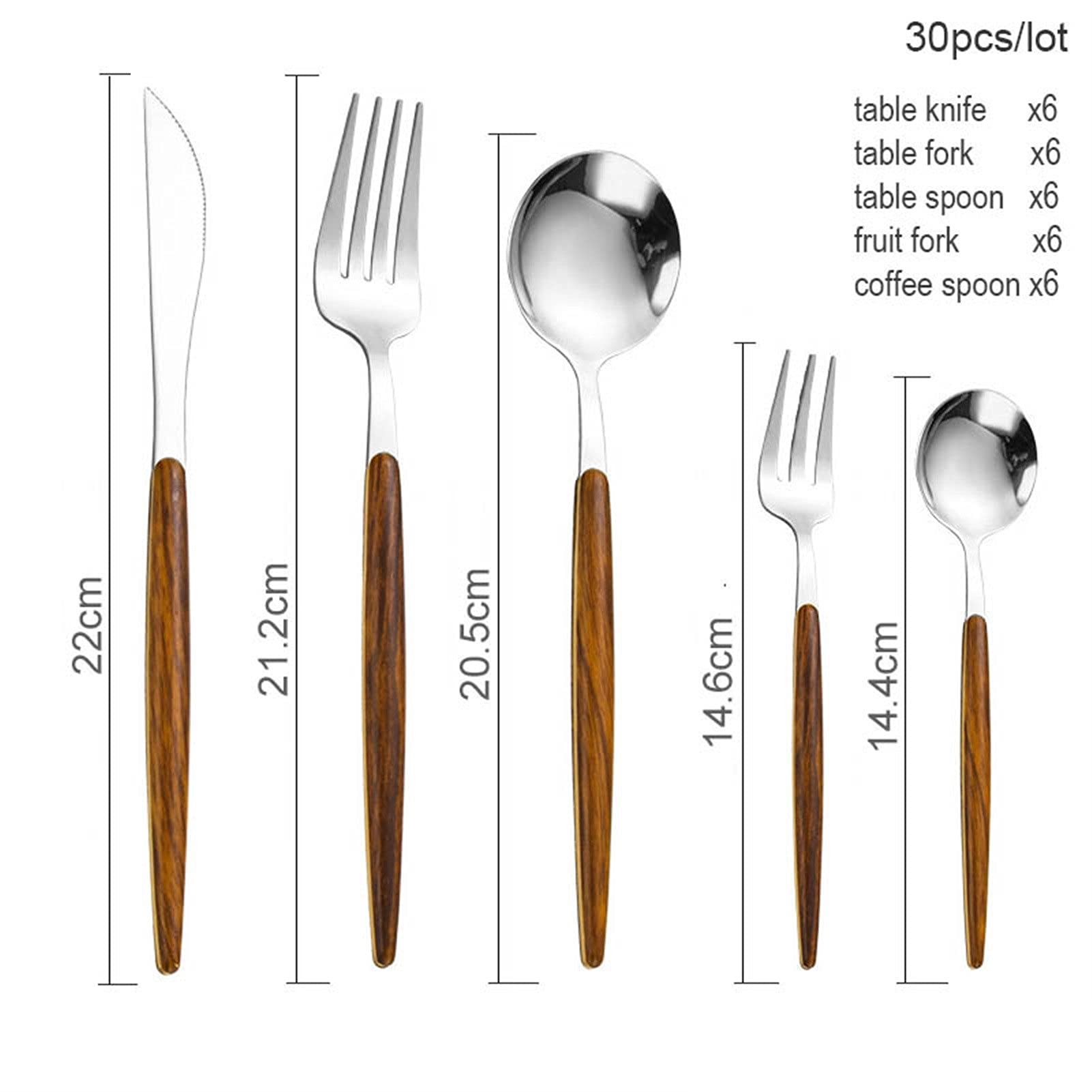 5 PCS / 30 PCS Conjunto de cubiertos de acero inoxidable de oro conjuntos de cubiertos con mango de madera cuchara de metal cuchillo de horquilla (Color : Silver(30pcs))