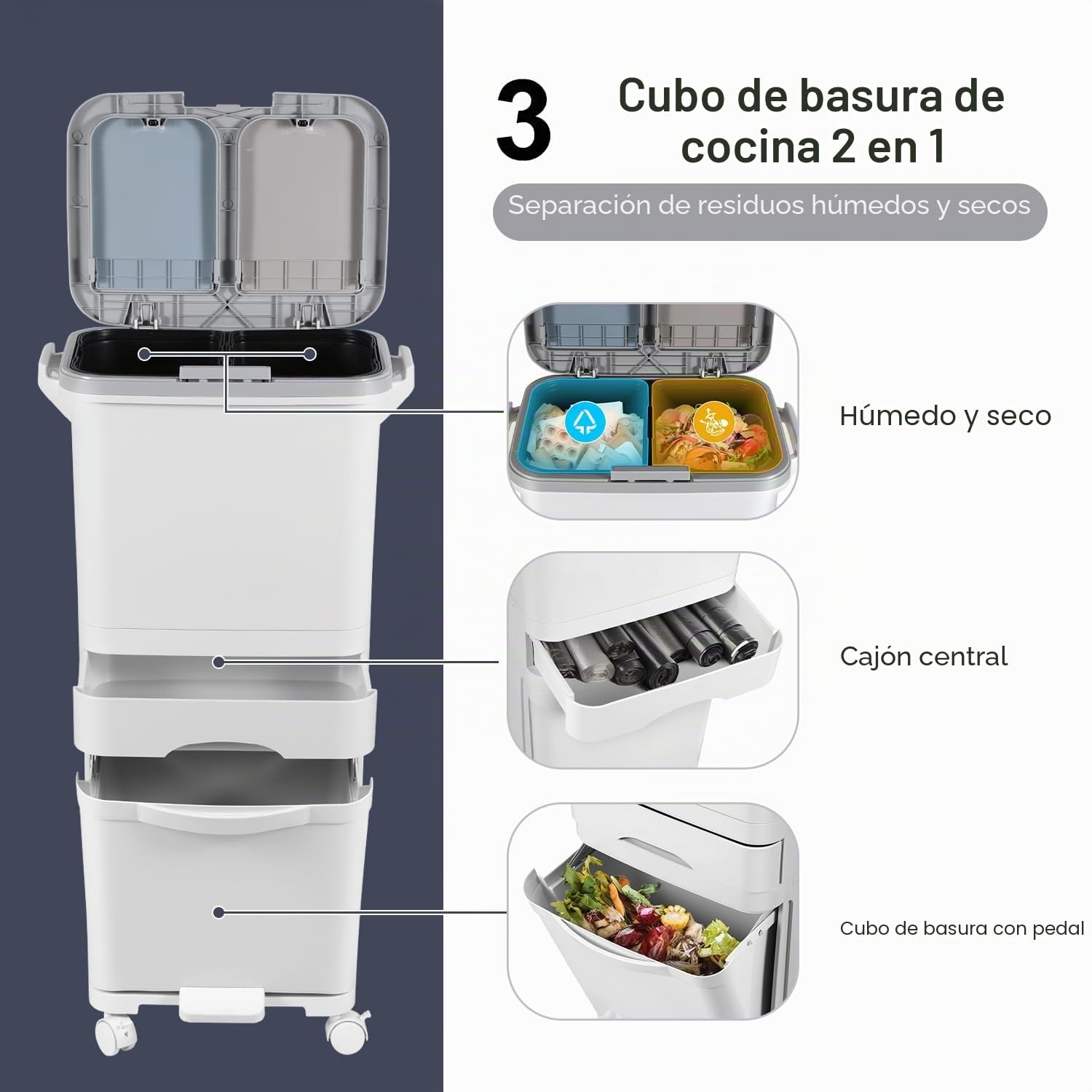 Fiqops Cubo de basura para cocina 42L con 3 compartimentos, separador de seco y húmedo, cubo de basura con pedal y ruedas para cocina, oficina y hogar, color blanco
