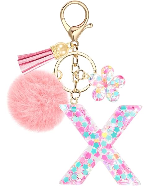 Initial Letter X Keychain for Girls, Cute Pink Flower Resin Alphabet Keyrings, Flow...