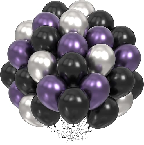 FEYG Globos de Halloween de 12 pulgadas, 40 globos de metal negro, morado, plateado, látex, decoración de fiesta de Halloween, celebración de disponible en Yaxa Peru