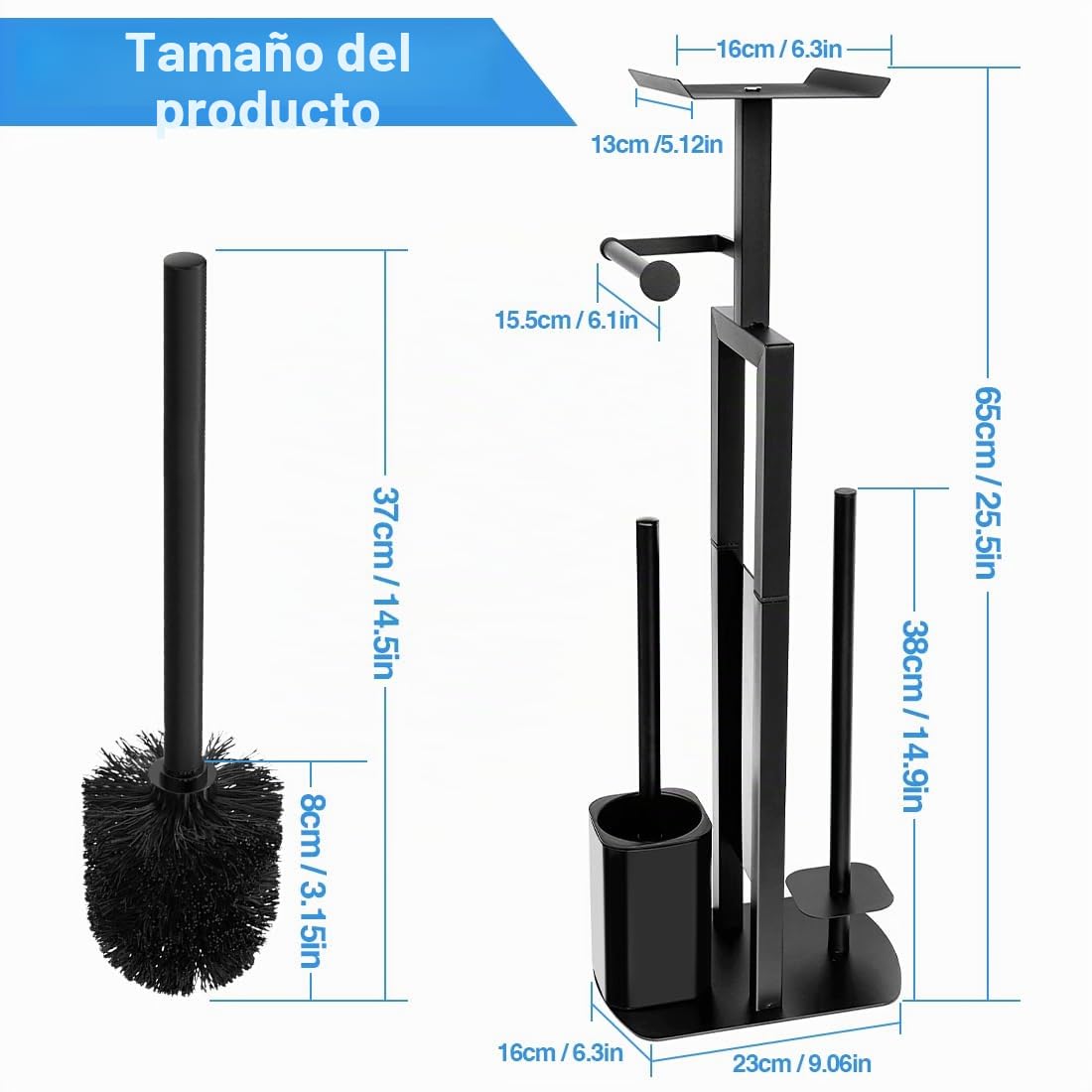 Portarrollos de papel higiénico de acero inoxidable de pie con escobilla de inodoro, soporte para papel higiénico con caja para toallitas húmedas, portarrollos de papel higiénico con escobilla de