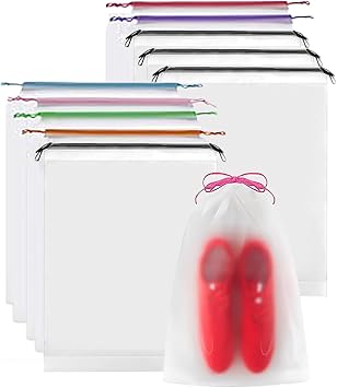Transparent Shoe Bags for Travel, 15.7 x 11.8 inches Waterproof Shoe Dust Bags for Packing, 10 Pack Plastic Black Multi-color Drawstring Shoe Storage Bag Travel Essentials for Men and Women SBG1