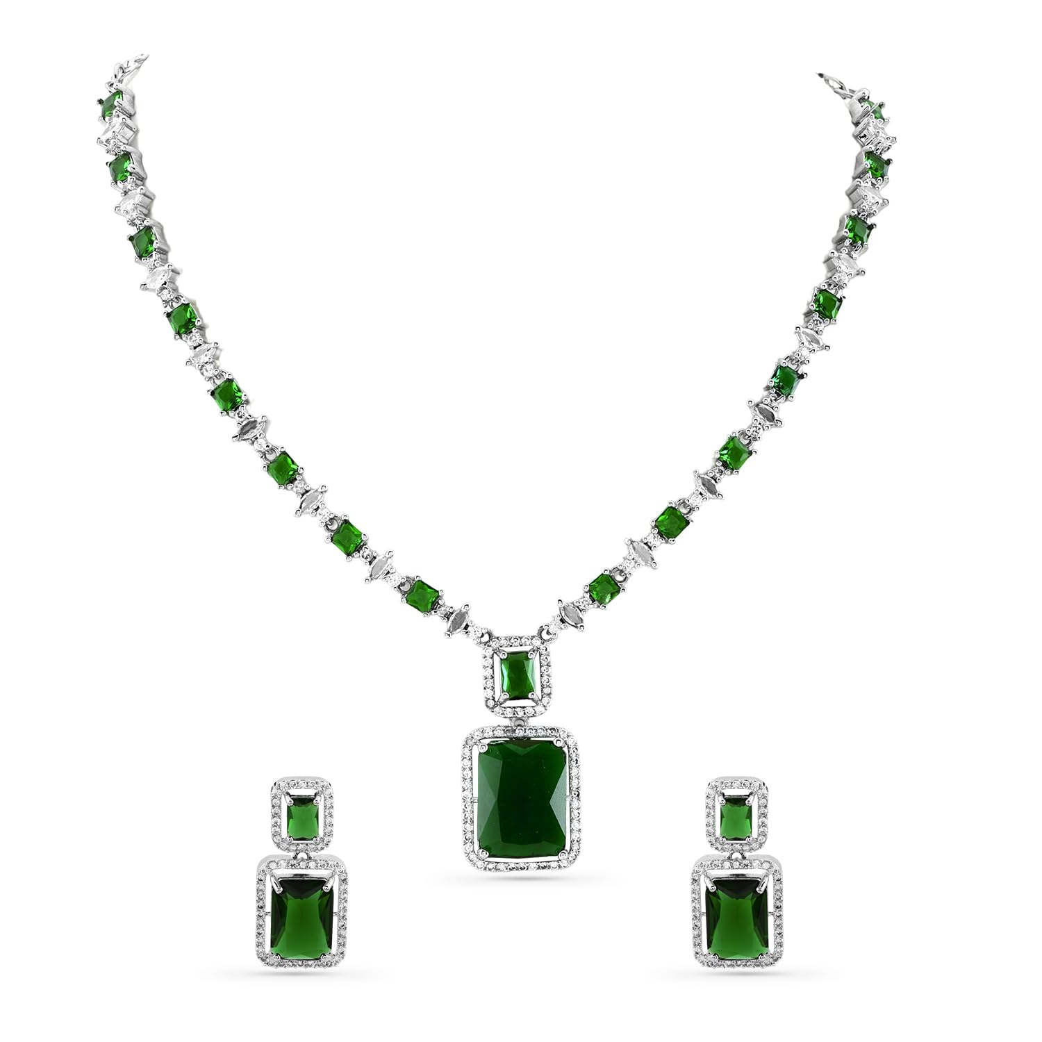 rubans Rhodium-Plated Emerald Green & White Cubic Zirconia Studded Baguette Necklace Set for Women & Girls – for Parties & Special Looks-picture-20