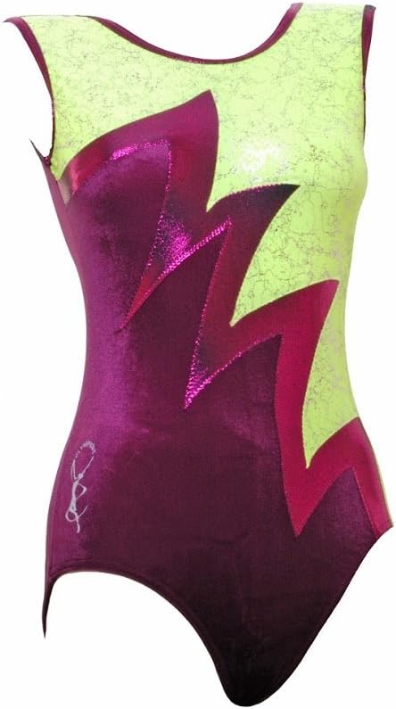 Olympique Carracus Sleeveless Gymnastic Gym Leotard Yellow Lycra with Cerise Metallic Foil, Blackcurrent Shine and Burgundy Smooth Velvet (#004b)
