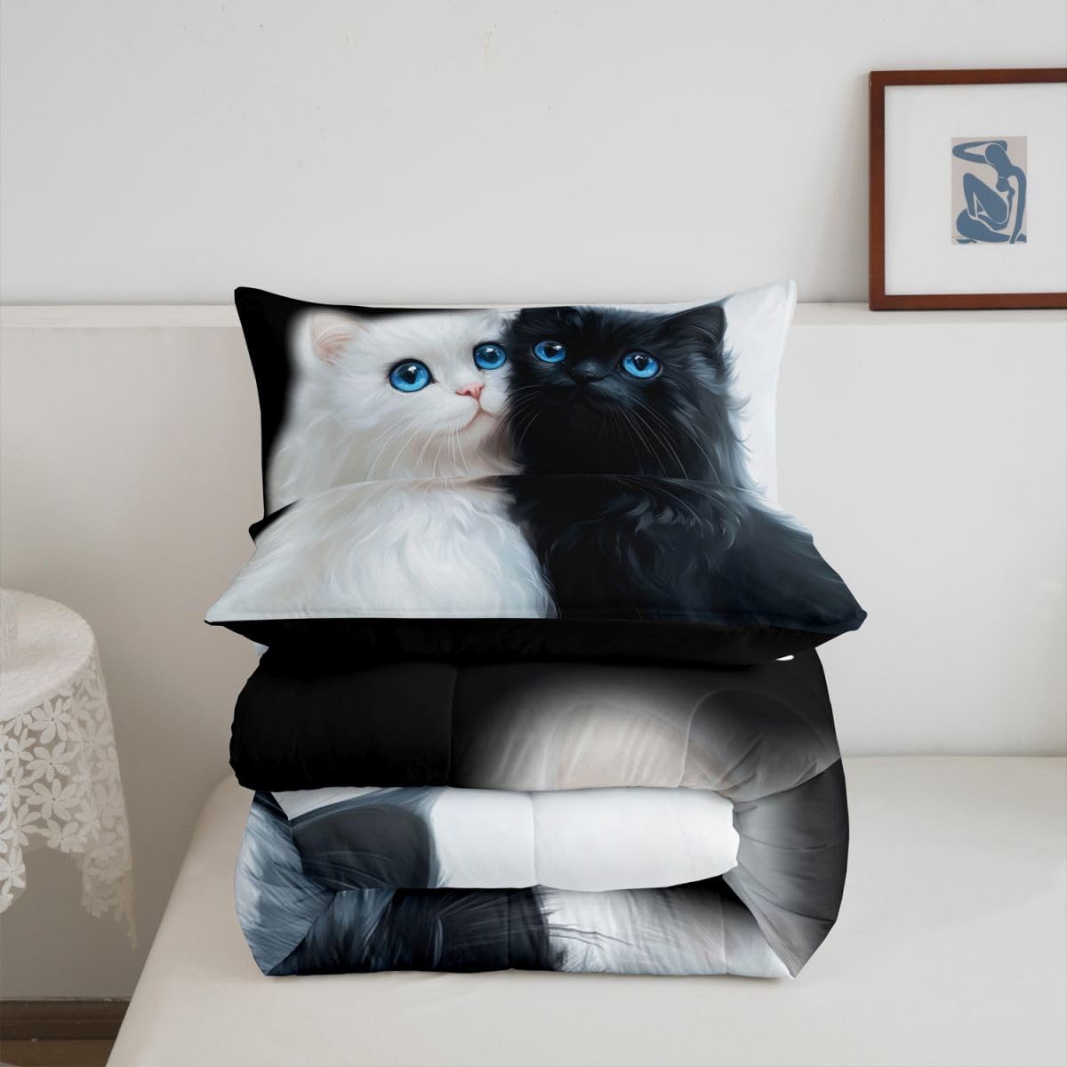 Homewish Nero Bianco Gatti Singolo Coverless Set Copripiumino Poliestere | Set di biancheria da letto con copripiumino e 1 federa per gli amanti degli animali domestici, con occhi azzurri