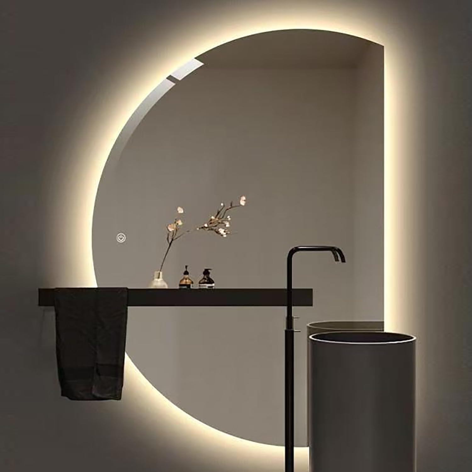 Lustro LED z oświetleniem, półokrągłe, 130 cm, możliwość ściemniania, bez ramy, 120 cm, bez zaparowania, lustro łazienkowe z włącznikiem dotykowym (lewe kółko, 43 x 28 cali)