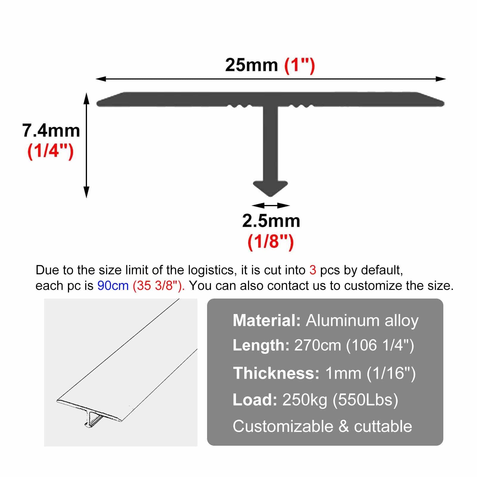 Bande de transition de sol en aluminium durable – Seuil de moulage en T for revêtement de sol en vinyle et stratifié – 270 cm de longueur, 25 mm de largeur(Silver)