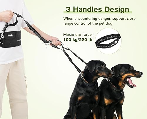 Miniatura 7 de Pecute Correa de perro manos libres para 2 perros, riñonera con cinturón acolchado suave, correa doble para perro con bolsa, 3 asas acolchadas,