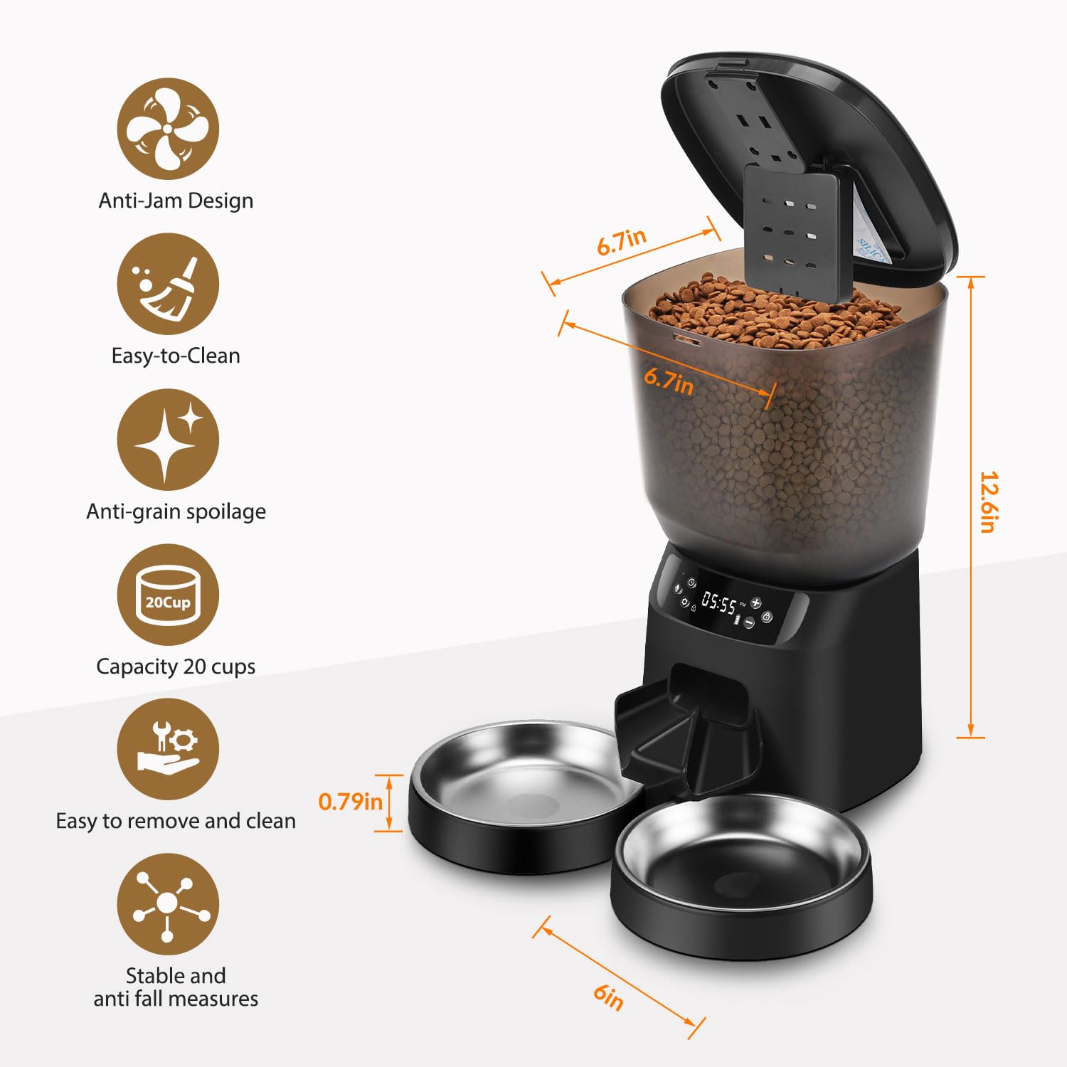 Automatic Cat Feeder and Water Dispenser Set, 5L/20 Cups Timed Cat Dry Food Dispenser, 2L Cats Water Fountain for Drinking with Filter, 10s Meal Call, 20 Portions 6 Meals Per Day - image 2