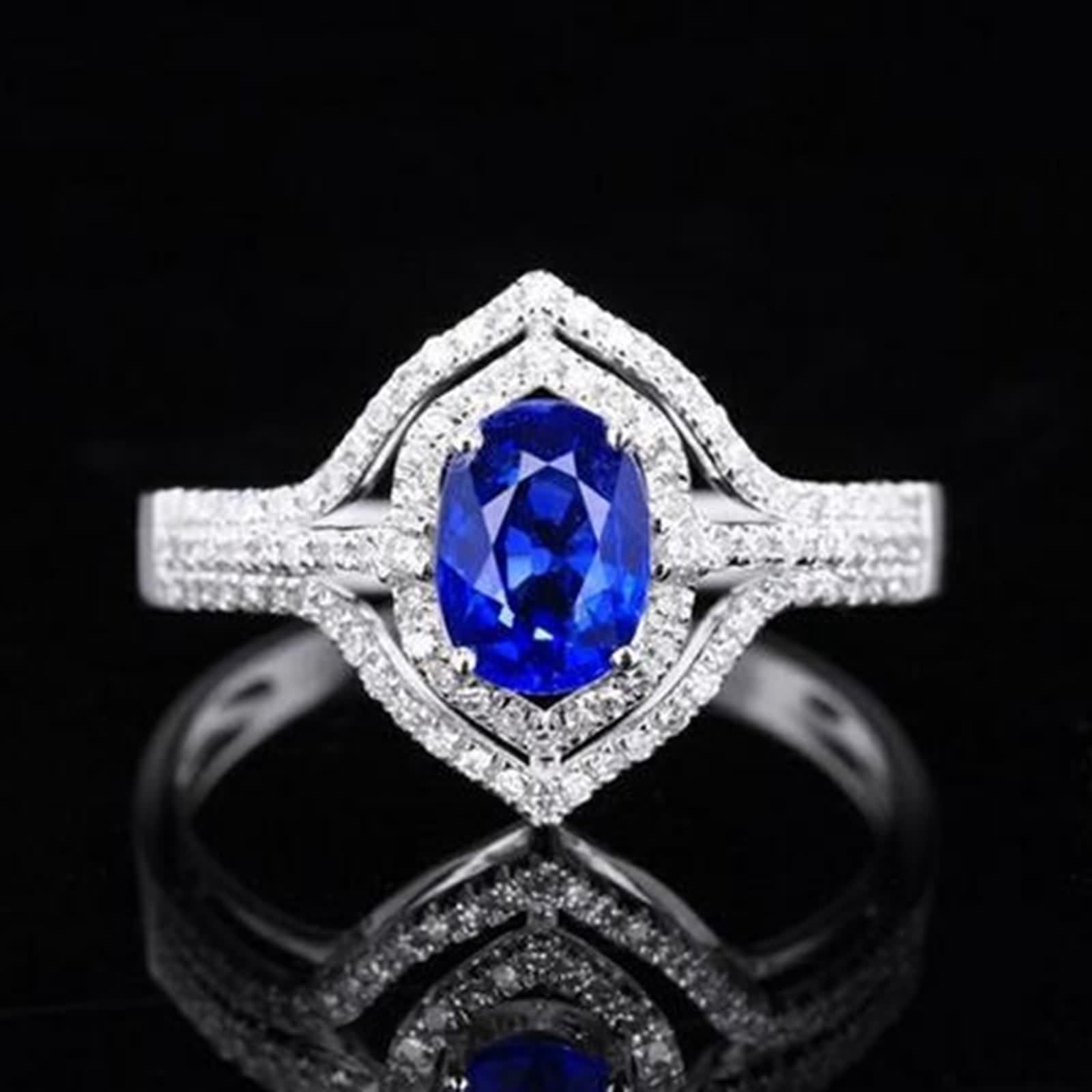 Anello Donna Oro Bianco 18K Vero, Fede Nuziale Blu Zaffiro Creato In Laboratorio Svuotare Oro Bianco con Moissanite Gioielli Di Moda
