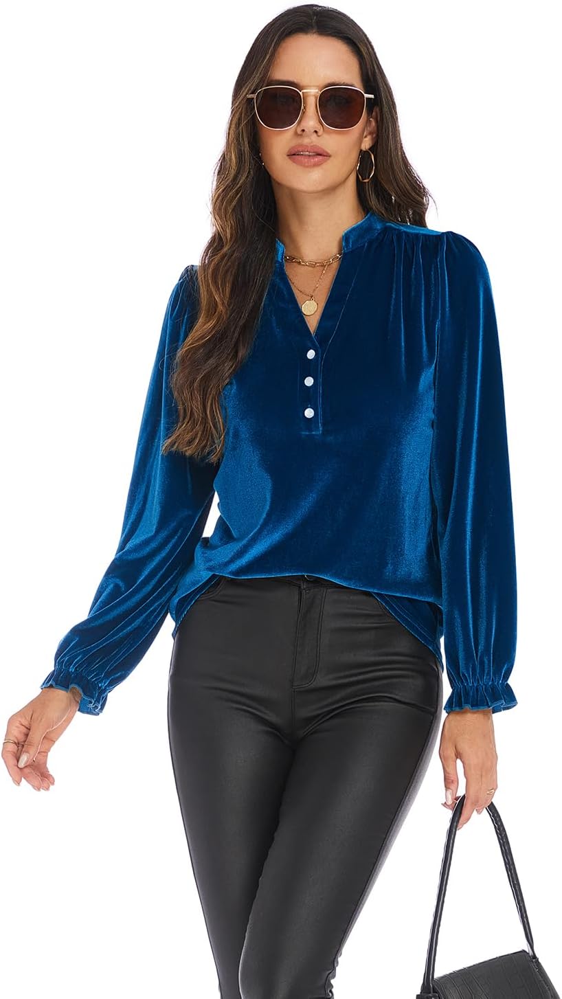 Women's Velvet Tops Puff Long Sleeve V Neck Ruched Fall Winter Trendy Christmas Formal Evening Party Holiday Shirts Blouse - Image 3