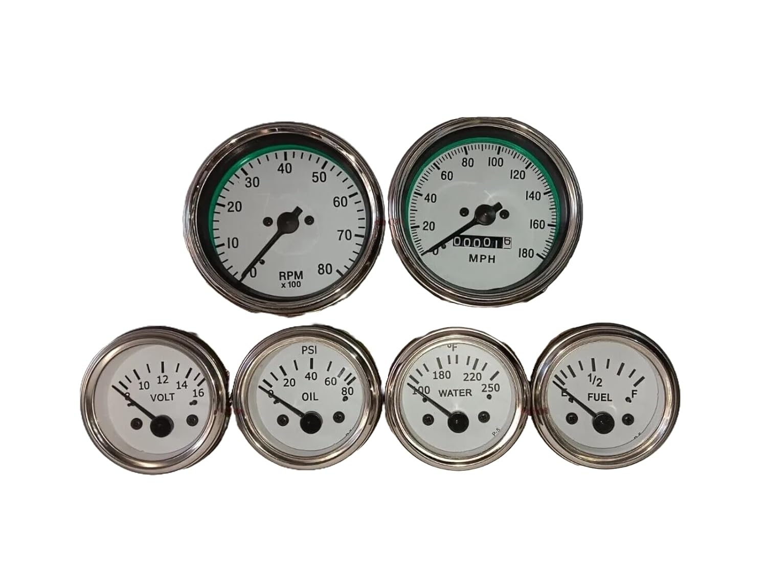 Gauges Set Elec Temp + Oil + Fuel + Volt Gauge+Speedo+Tacho 85 mm White face Chrome Bezel