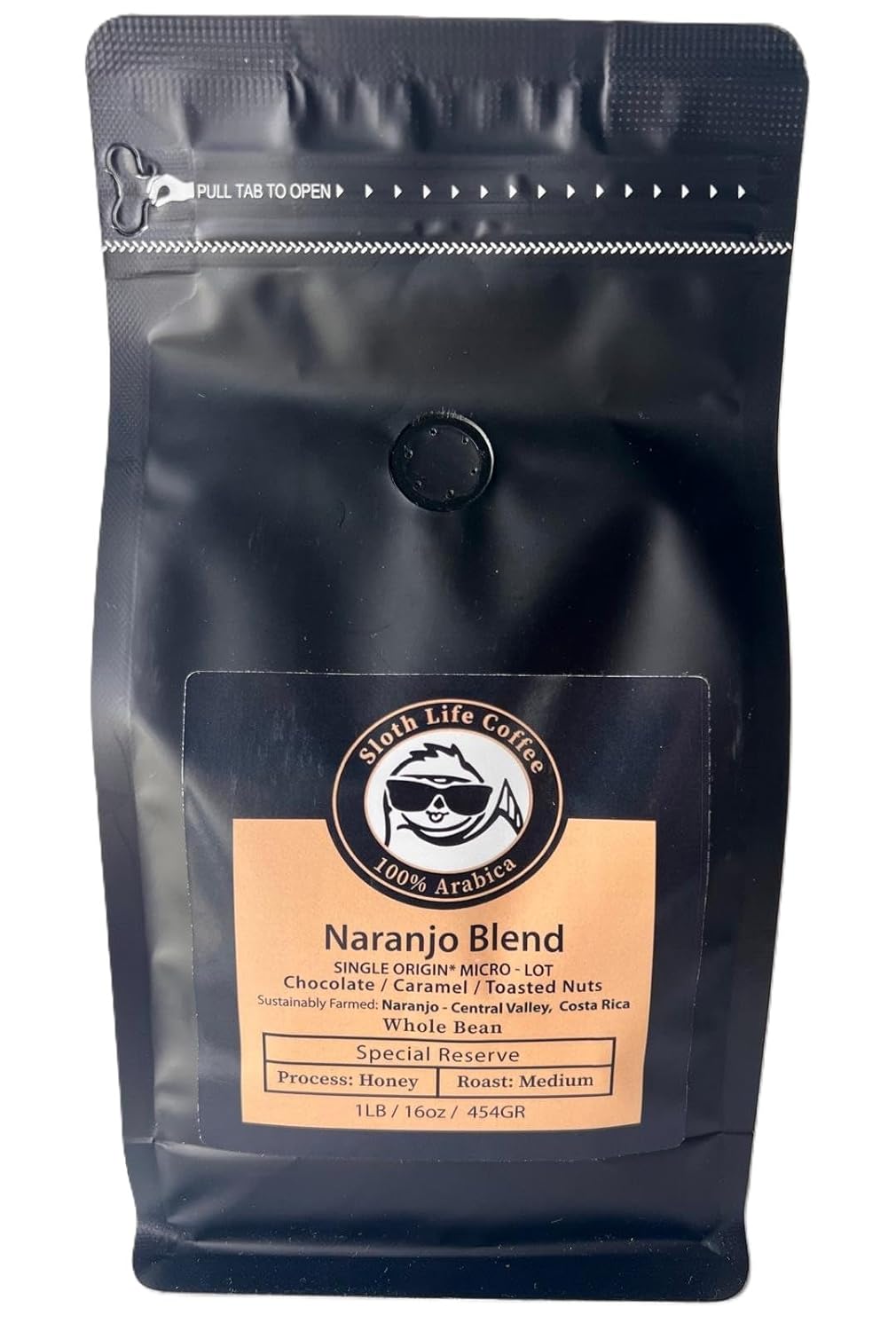Sloth Life Coffee, Whole Bean Costa Rica, Naranjo Blend, Medium Roast, 1 Lb