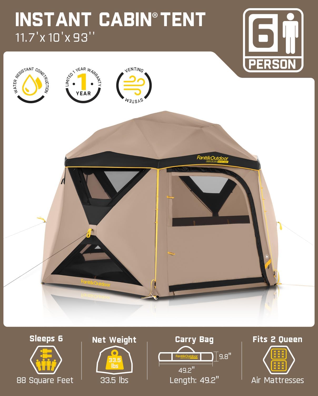 FanttikOutdoor Alpha C6 Ultra Instant Cabin Tent 6 Person Pop Up Camping Tent Setup in 60 Seconds Portable with Rainfly & Windproof for Outdoor Camping & Overlanding Khaki