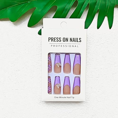 Miniatura 3 de Uñas postizas largas a presión, uñas postizas en forma de ataúd, uñas acrílicas con diseños de flores y mariposas, uñas adhesivas de cobertura