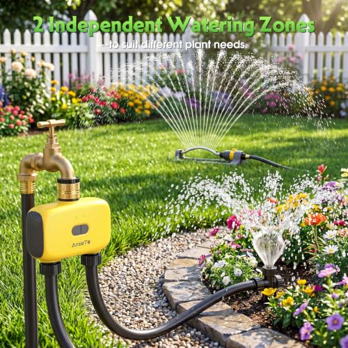AnseTo WiFi Sprinkler Timer 2 Zone, Smart Water Timer for Garden with App Remote Control for Travel, Brass Inlet Smart Irrigation System for Outdoor Hose, Patios, Lawns, Flower Bed & Yard Care