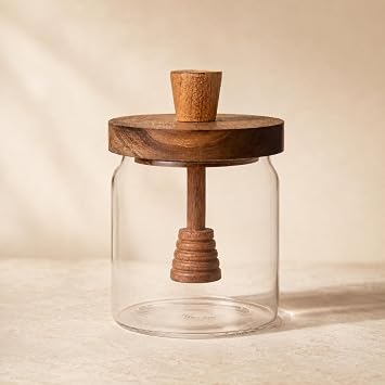 Cam Bal Kavanozu 550 ml, Akasya Kapaklı ve Ahşap Bal Kaşıklı Şeffaf Bal Saklama Kabı, Mutfak Kahvaltılık Kavanoz, Reçel Pekmez ve Sos Sunum Kavanozu