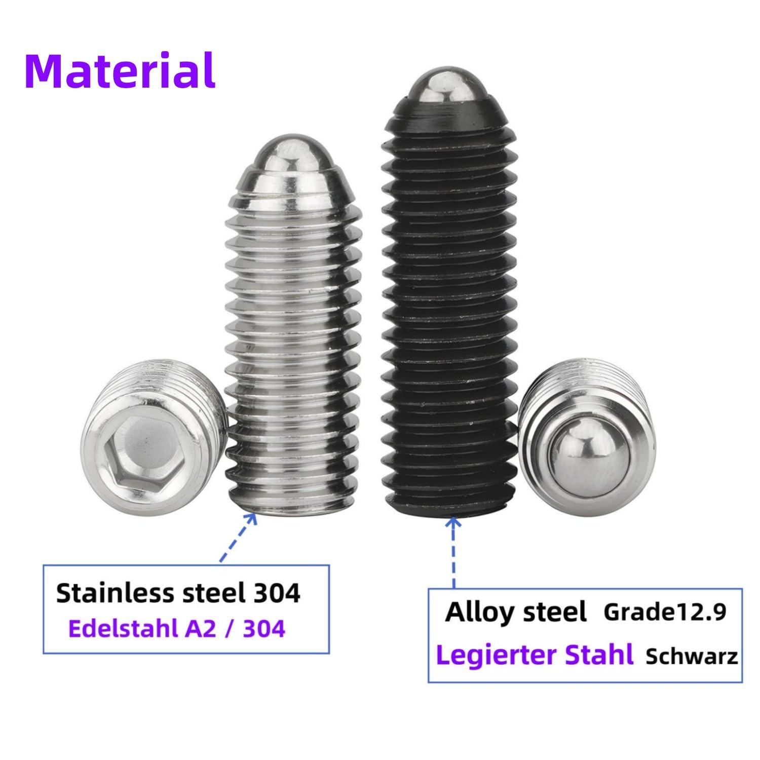 40pcs Émbolos internos hexagonales roscados con punta esférica y resorte en acero aleado,grado 12.9,Tornillos prisioneros de cabeza esférica (M6 x 30mm)