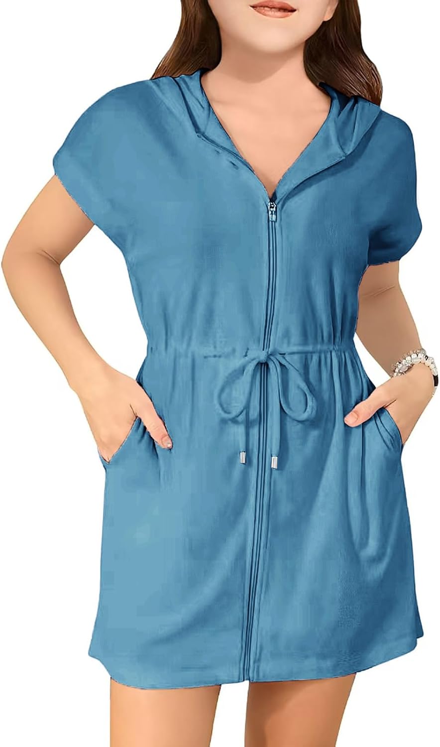 CharmWM Girls Swim Terry Cloth Cover Ups Kids Swimsuit Coverup Zip-Up Beach Bathing Suit Wraps with Pockets 5-14 Years