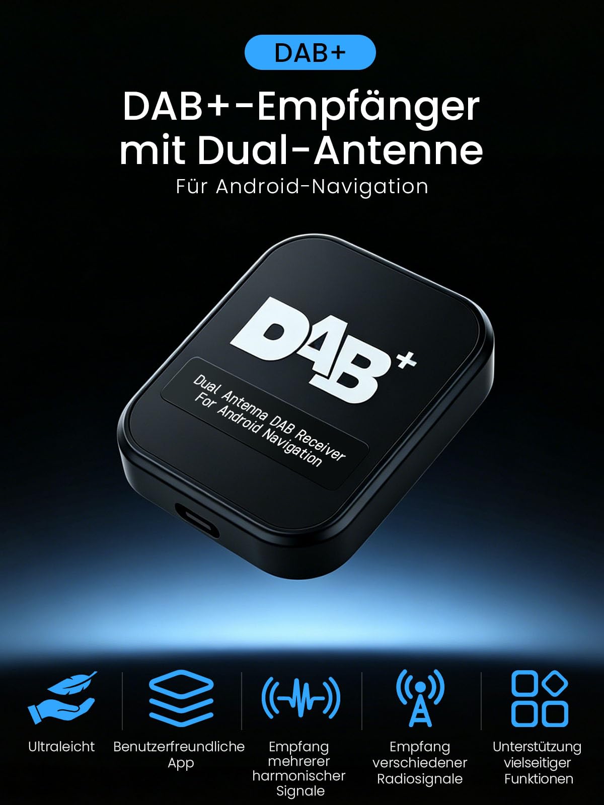 DAB+ Autoadapter mit Antenne für Autoradios mit Android 5.1+, Digitalradio-Antennen-Tuner mit FM-Übertragung, USB-Anschluss (nur für Länder mit DAB-Signal)
