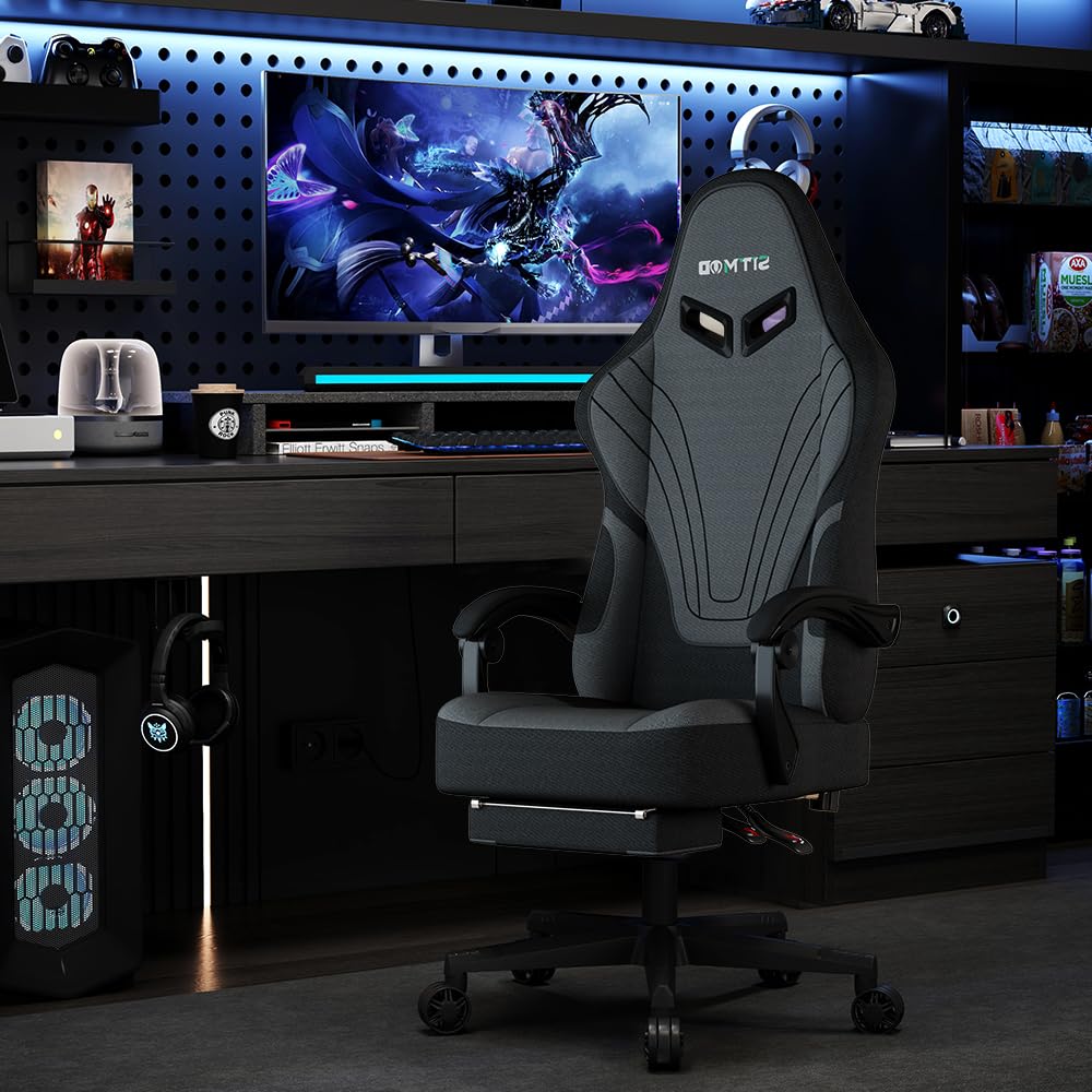 Ulody Sedia da gioco, ergonomica, con poggiapiedi, sedia per PC con poggiatesta e cuscino lombare, girevole a 360 gradi, in tessuto regolabile in altezza(GRIGIO)