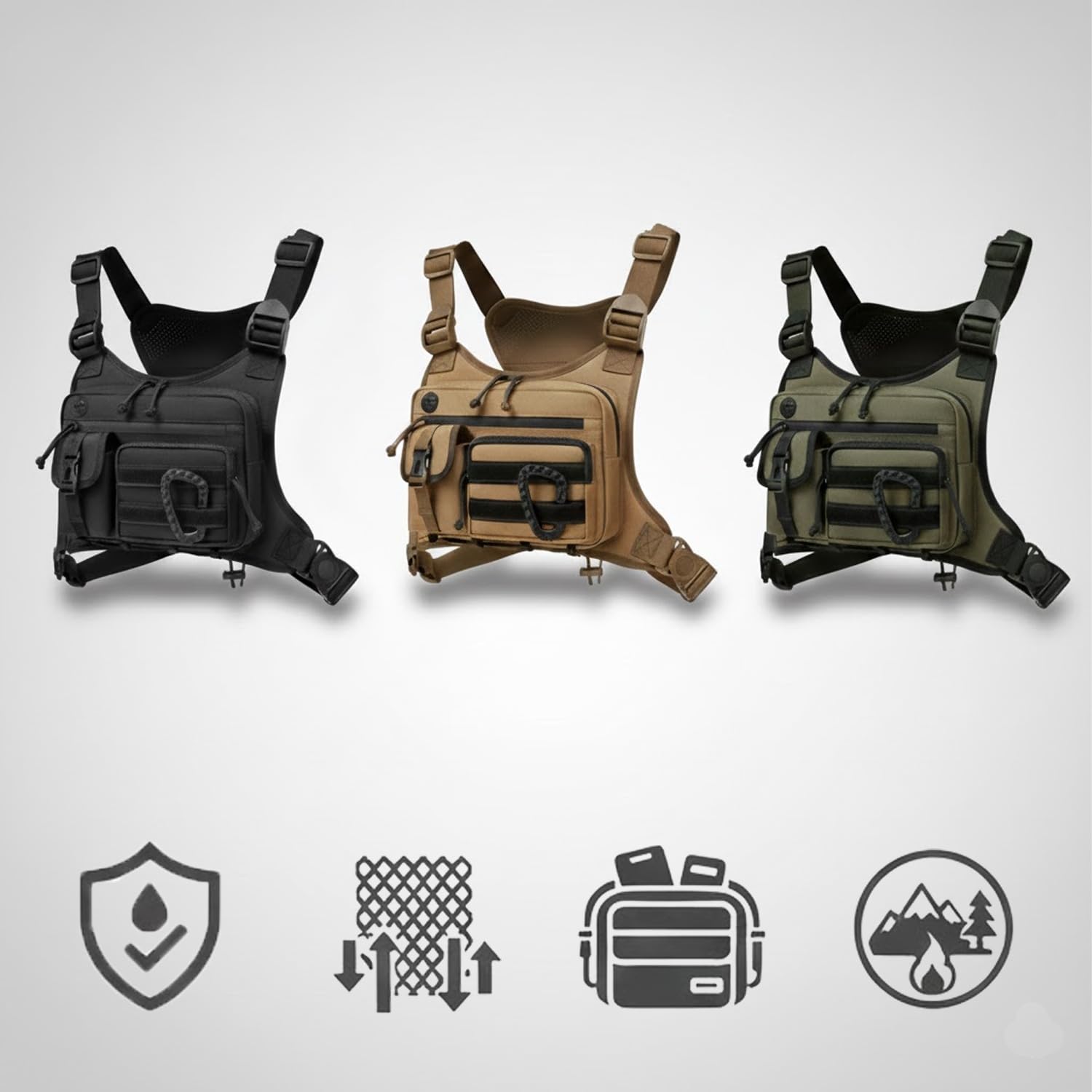 チェストバッグ 【2026強化版】 揺れない 疲れにくい チェストパックリグ 防水 撥水 反射材付き ランニングベスト ボディバッグ 前掛け スリ対策 旅行 釣り 自転車 バイク 犬の散歩 サバゲー 作業用 男女兼用 (ブラック/グリーン/ブラウン) - 5