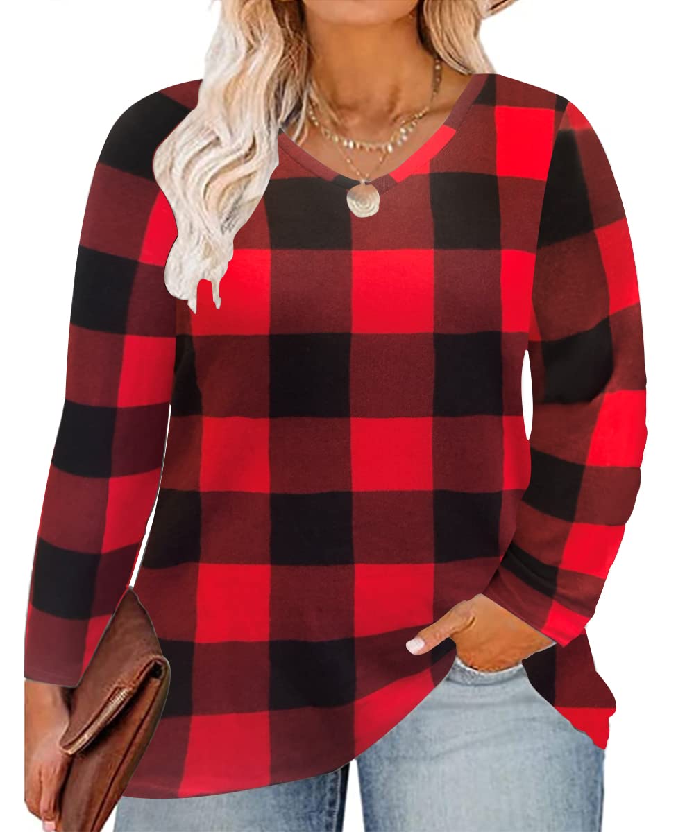 CARCOS Womens Plus Size Tops Long Sleeve Shirts V Neck Tunic Floral Blouses XL-5X, 1-br Checkered, 4X-Large