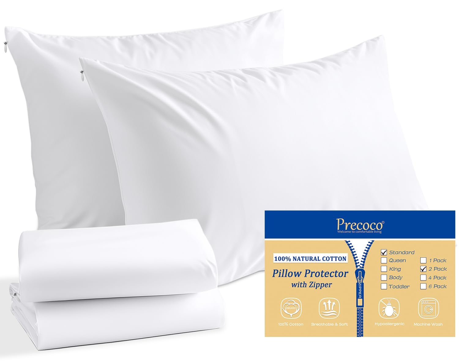 Precoco White Pillow Cases Standard Size Set of 2-100% Cotton Cozy & Soft Pillow Protectors with Zipper Hidden 600 Thread Count Cooling Pillowcases Covers for Hair and Skin,20x26 Inches