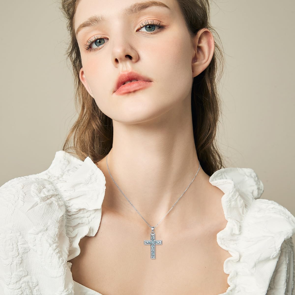 Turquoise Cross Necklace 925 Sterling Silver Turquoise Gemstone Religious Cross Pendant Boho Simple Jewelry for Women - Image 3