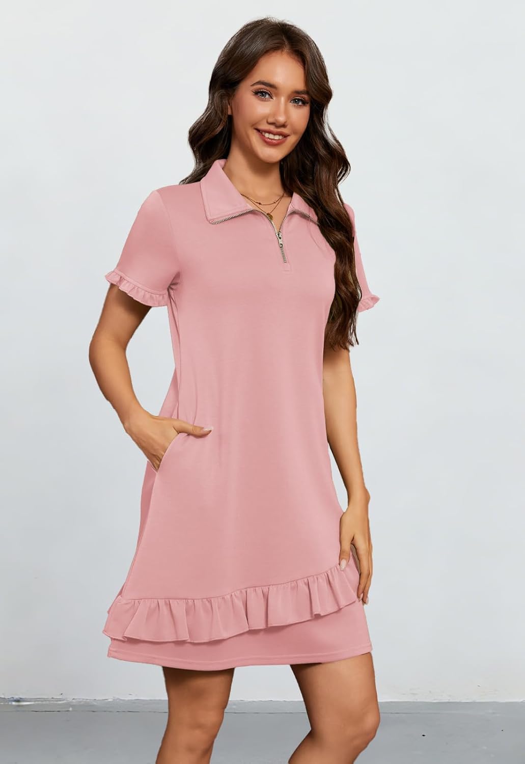 Alaster Queen Women's Casual Shirt Dresses Summer Half Zip Polo Collar Ruffle A-line Short Tennis Dress with Pocket