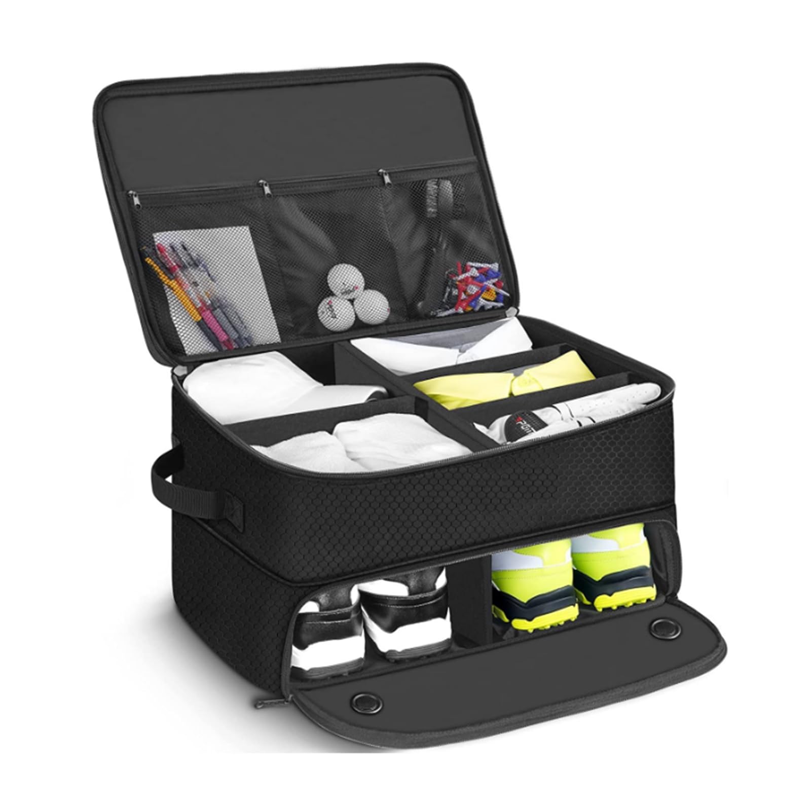Hcosmy 2 Layers Golf Trunk Organizer，Storage Travel Trunk Accessory Organizer with Separate Compartment Car Trunk Locker，Foldable Golf Organizer for Car,Waterproof and Durable Golf Storage Bag