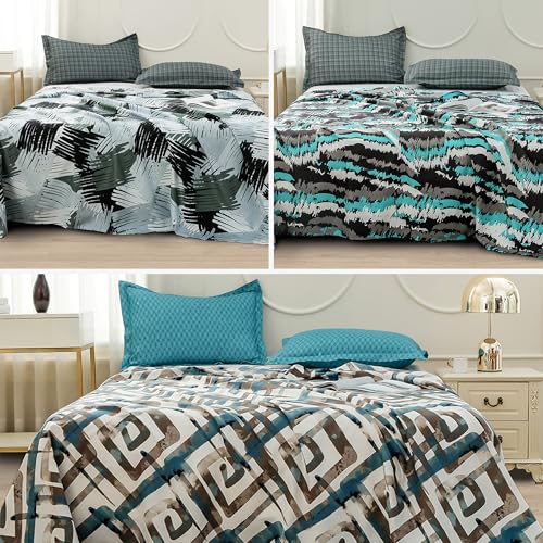 Image of Story@Home 240 TC Bedsheet for Double Bed Queen Size | Microfiber Double Bed Bedsheet Combo | 235 X 250 Cm with 2 Pillow Covers | Perfect for Home Decor (Army Green & White, Cyan & Grey)
