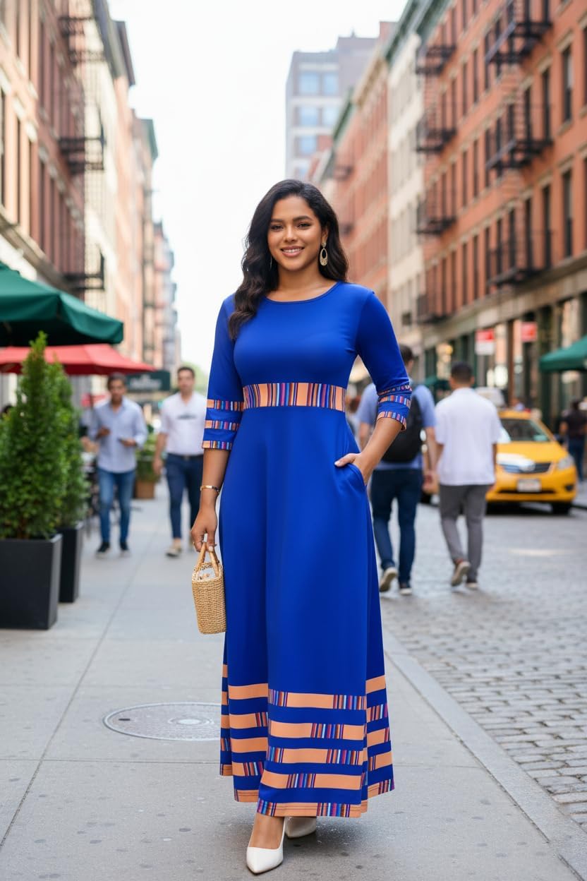 FANDEE Casual Maxi Dresses for Women Elegant 3/4 Sleeve Round Neck Africa Print Church Dress with Pocket - Image 5