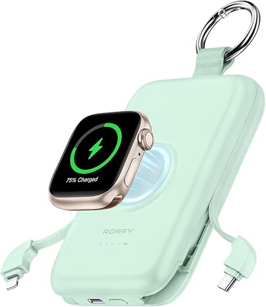 RORRY CharmGo Portable Charger, 10000mAh 20W Fast Charging Portable Charger Power Bank with Built in Cables, Travel Battery Pack for iPhone 17/16/15/14/13/12 and Apple Watch, Green