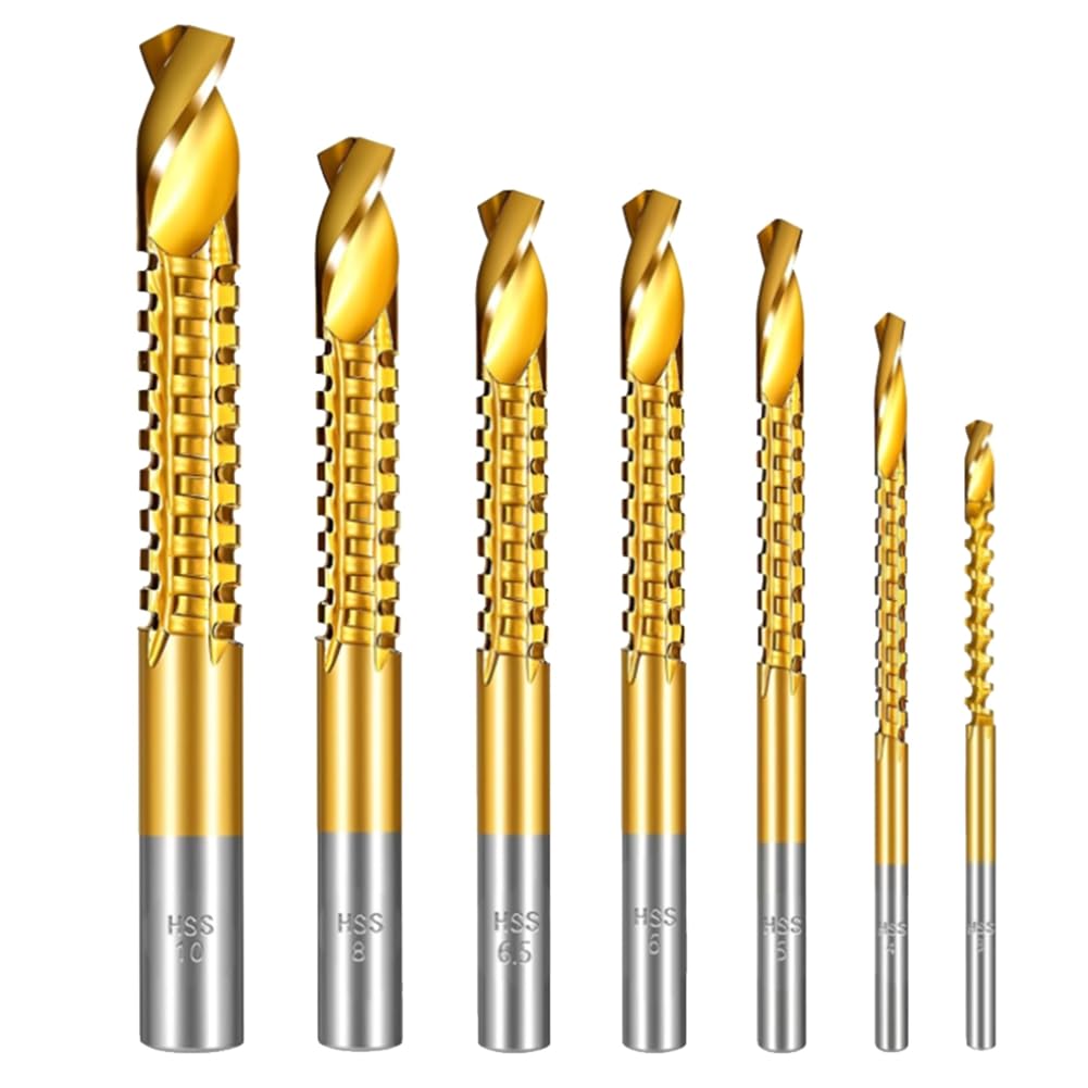 Vjsujehgy 7PCS Titanium Coated HSS Twist Drill Bits, 3-10mm Serrated Side Cutting Drill Bit, Hex Shank Serrated Cutting Drill Bits