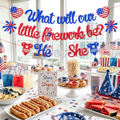 Image of What Will Our Little Firework Be He or She Banner 4th of July Garland | Independence Day Gender Reveal Party Decorations Red White & Blue Patriotic Baby Shower Party Supplies