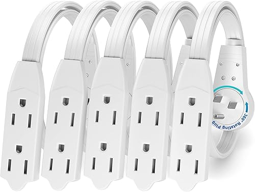 Maximm Cable de extensión de enchufe plano giratorio de 360 de 1 pie, cable de extensión de 3 tomas de corriente múltiple de 16 AWG, cable de