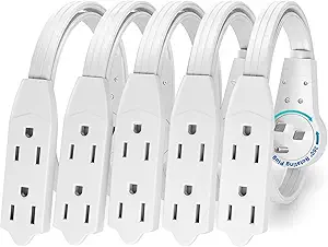 Maximm 1 ft rotating flat plug extension cord, 3-outlet 16 AWG, white