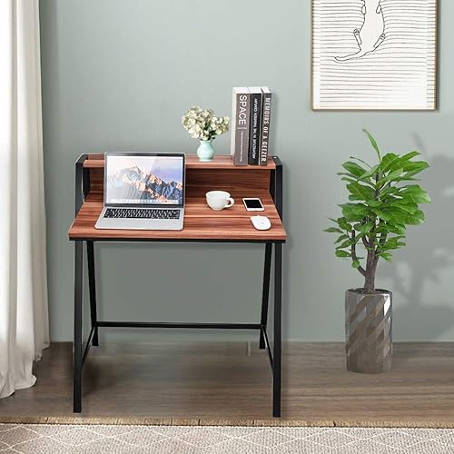 Miniatura 4 de WATERJOY Mesa de juego, mesa de escritorio de estación de trabajo de 2 niveles, mesa de escritura de estudio, escritorio de juegos pequeño, mesa de