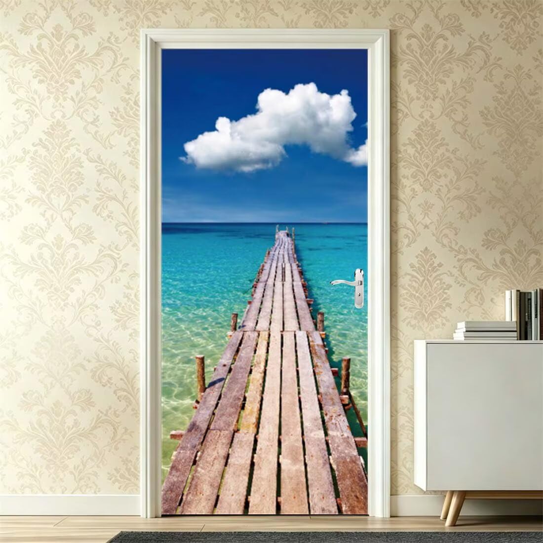 Adesivi per Porte Interne 95x215 3D Adesivo Porta Paesaggio Marino | Molo in Legno Pellicola per Porte, Autoadesiva, Adesiva Poster Sticker Murale, PVC, Impermeabile, Rimovibile (DS51)