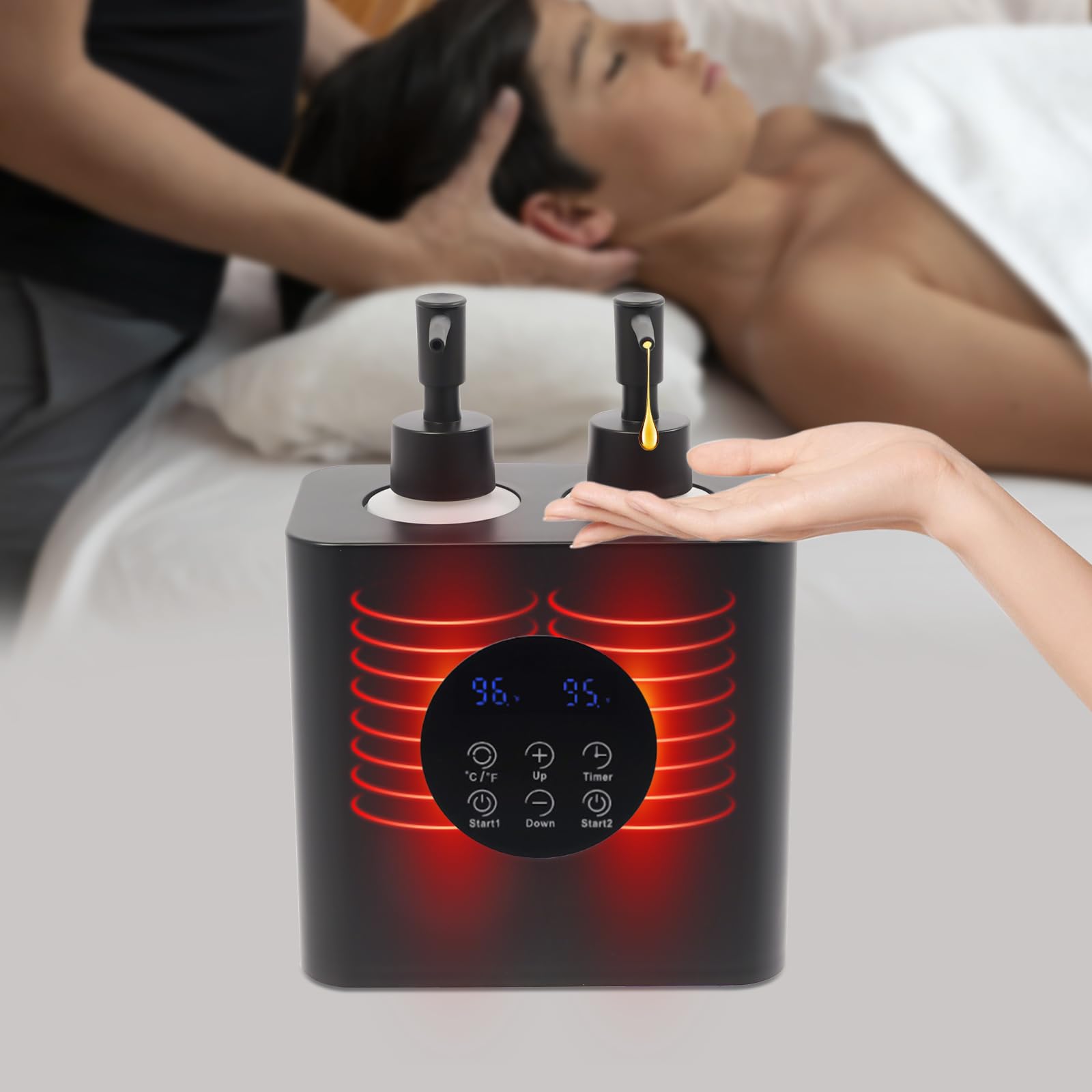 Podgrzewacz oleju do masażu, podgrzewacz oleju do masażu z dwoma dozownikami butelek oleju, balsam, ogrzewacz do butelek, ogrzewacz do butelek, do salonu, gospodarstwa domowego, olejek do masażu