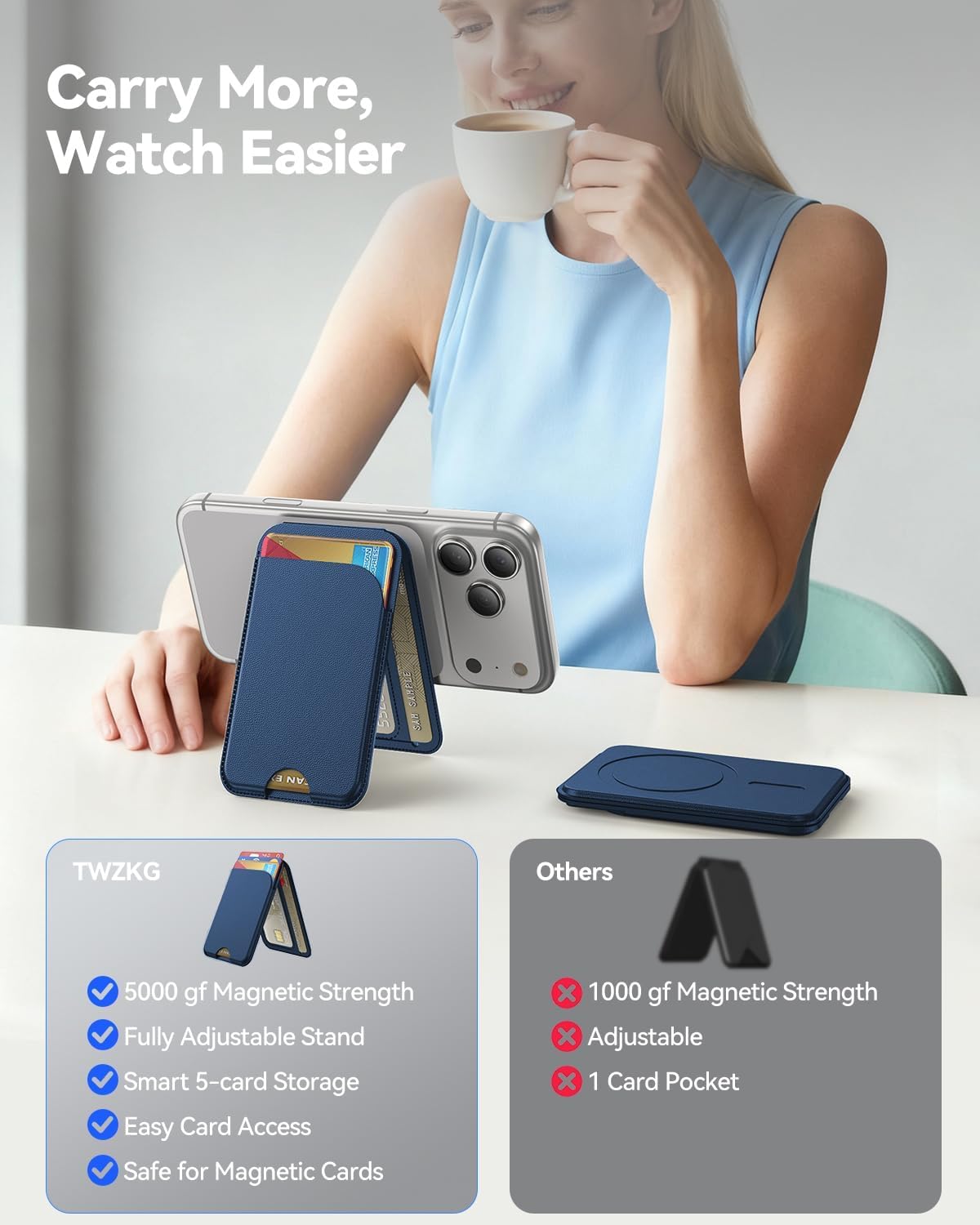 Meyaar Magnetic Wallet for iPhone & Android | MagSafe Card Holder with 2 Adhesive Metal Rings | 5 Card Holder for MagSafe Cases & Android Phones | Vegan Leather (Black) — Amazon image 19