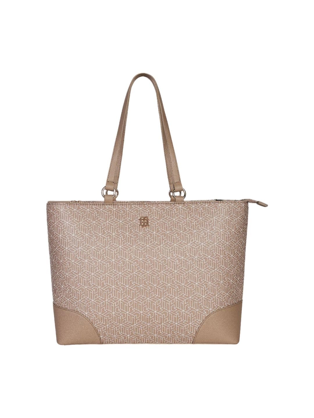 Printed beige polyurethane tote bag-image-3