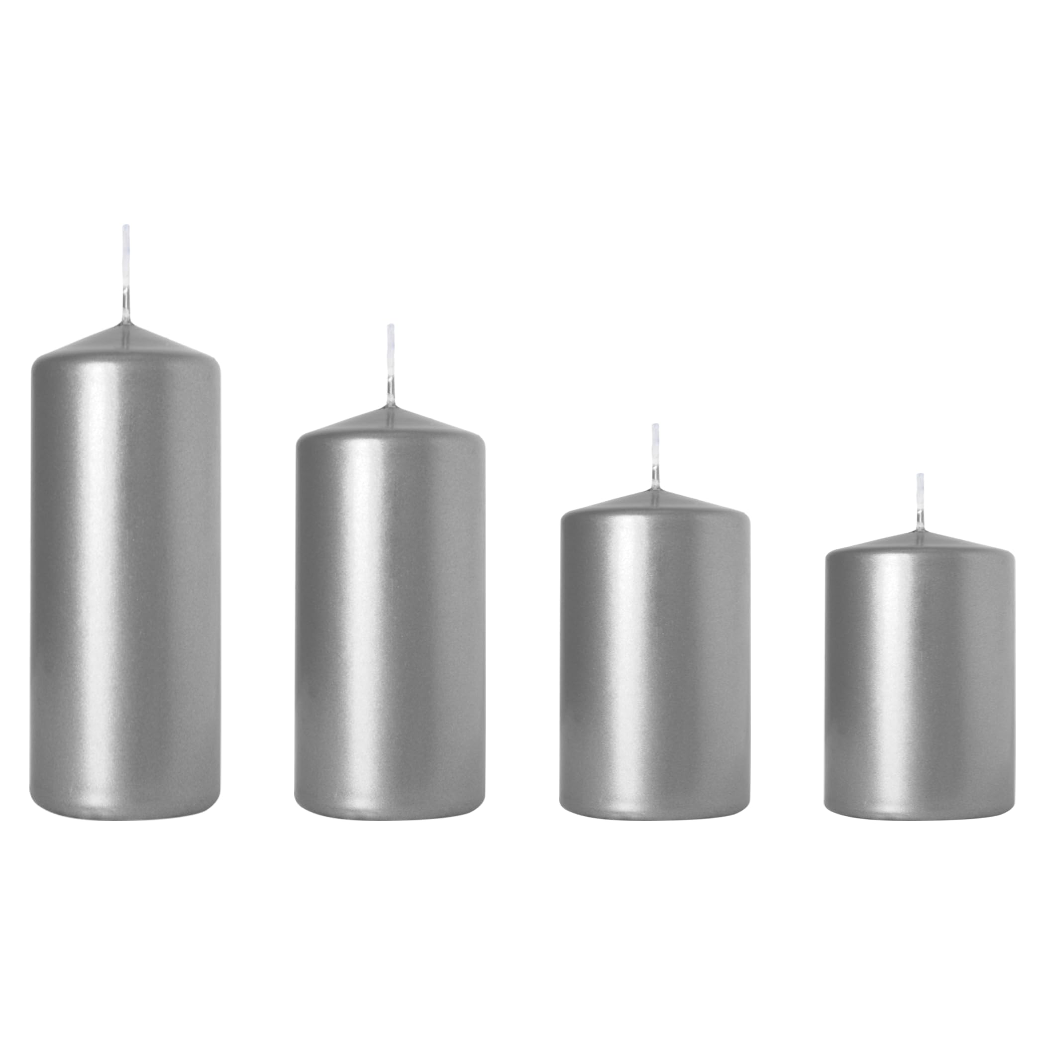 Set of 4 Pillar Candles, Set of 4 Votive Candles, Decorative Household Candles, Unscented, Natural Vegan Wax, Clean Burn, Long Burning Time - Advent Wreath, Christmas, etc. (Silver, Metallic)