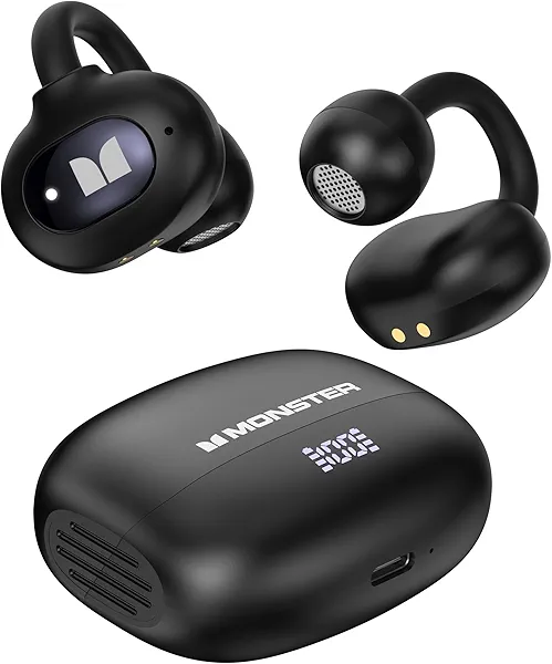 Monster Open Ear AC339 Headphones, Bluetooth 6.0 Earphones Stereo Sound, Open Ear Clip Wireless Earbuds 40 Hours Playback, with Smart Digital Display Design, Touch Control, IPX6 Waterproof