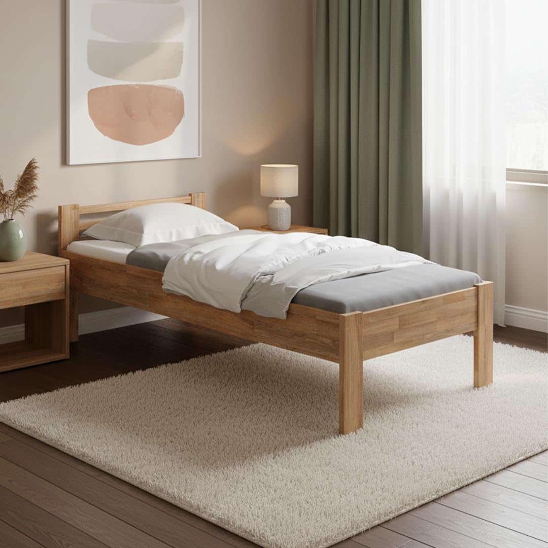 skølm Fenrir Massivholzbett 90x200 cm – Einzelbett aus massiver Eiche – Holzbett Natur geölt - Bettgestell 51cm hoch – Bettrahmen stabil aus Holz mit Bettkopfteil - Seniorenbett mit erhöhtem Einstieg