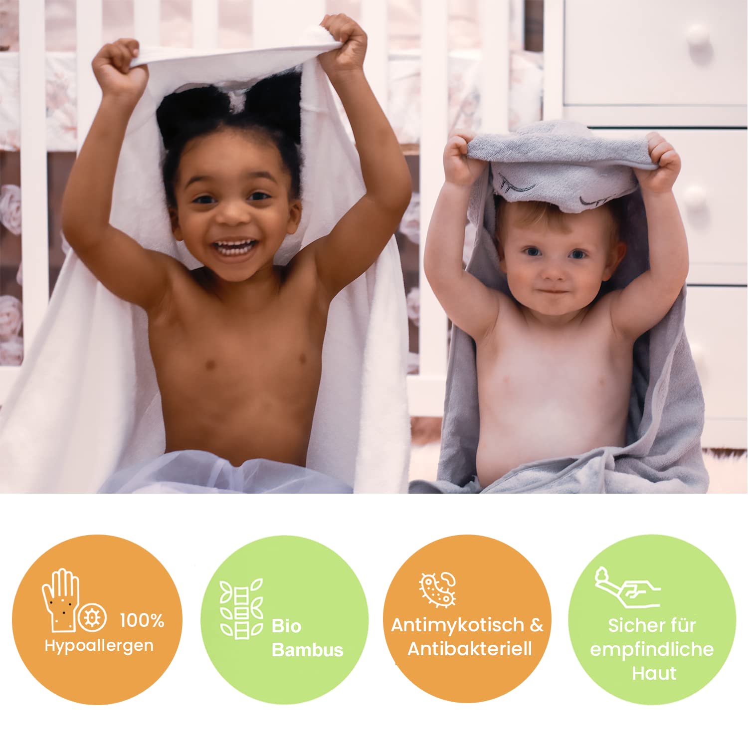 Baby Handtuch mit Kapuze, 100% Bambus, sehr saugfähig, natürlicher UV-Schutz, Bambus-Waschlappen