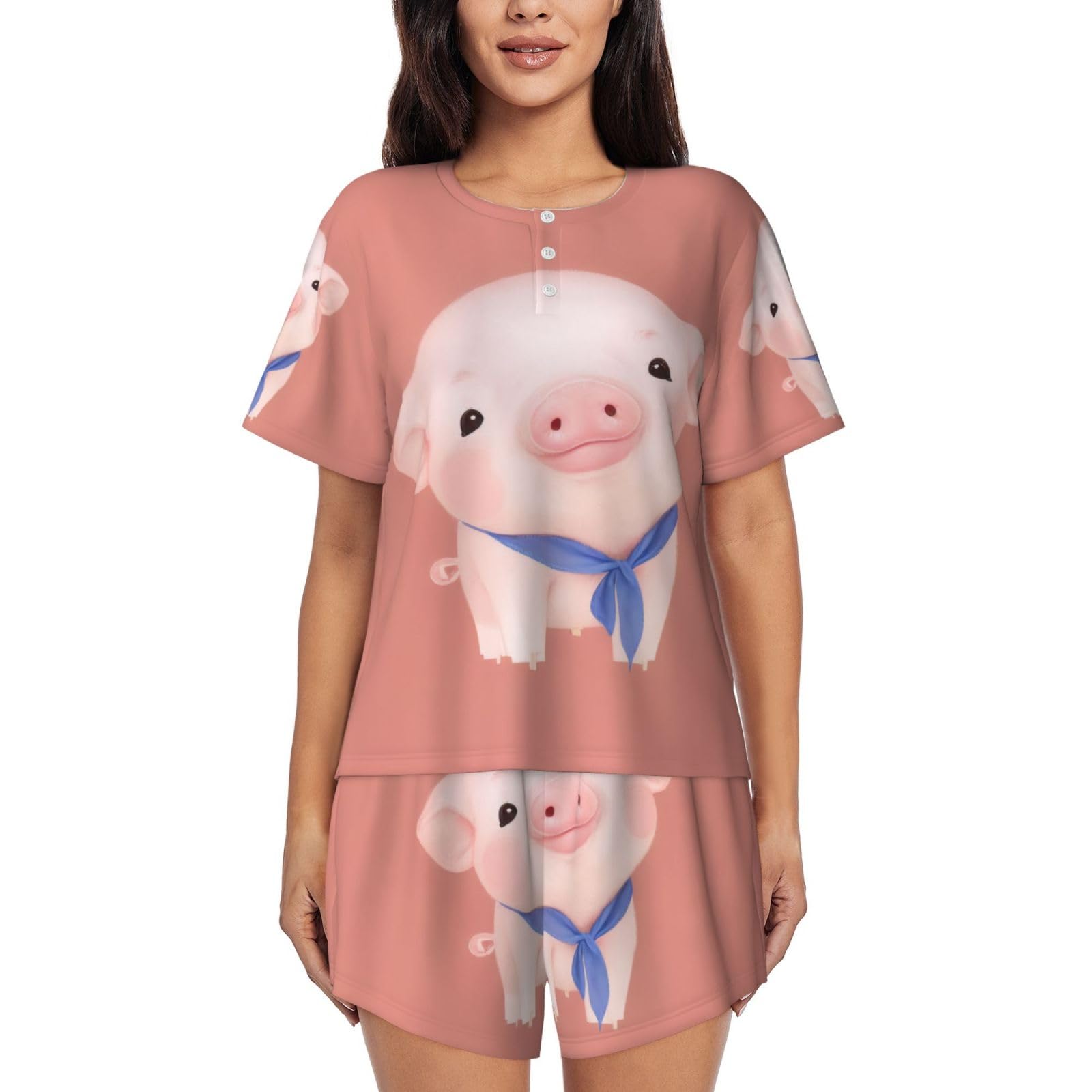 Khdklxohz Women's 3D Patterns Pig Pajamas Sets For - Short Sleeved Pajama Set, Loungewear, Comfortable Nightwear, Round Neck Fashion Sleepwear With Pockets, Soft Pj Lounge Sets