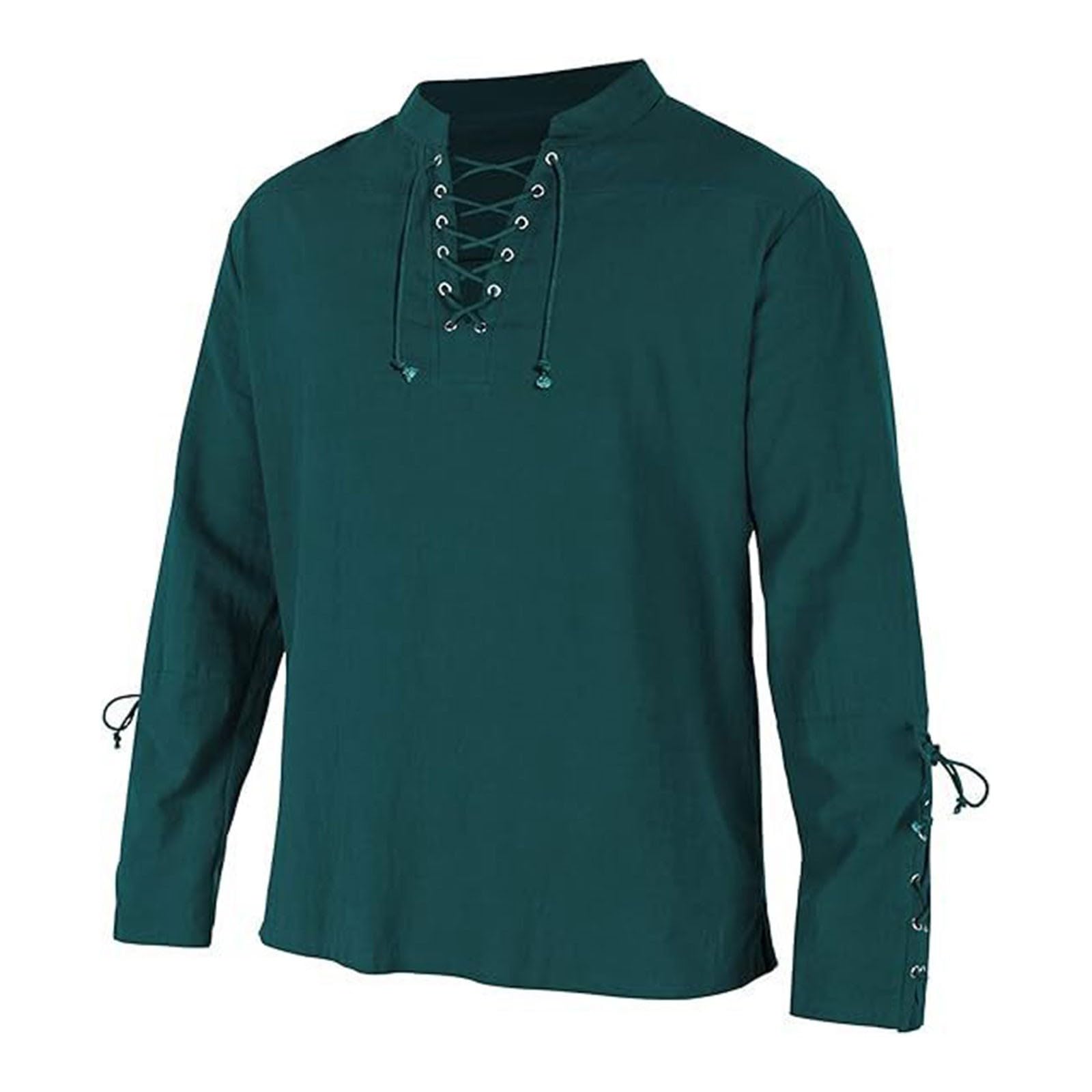 Pirate Shirt Kilt Grandad Collar Shirts for Men Corset Cotton Lace Up Vintage Medieval Costume Scottish Jacobite Ghillie Tops Costumes Sword Oktoberfest c-Green XXL
